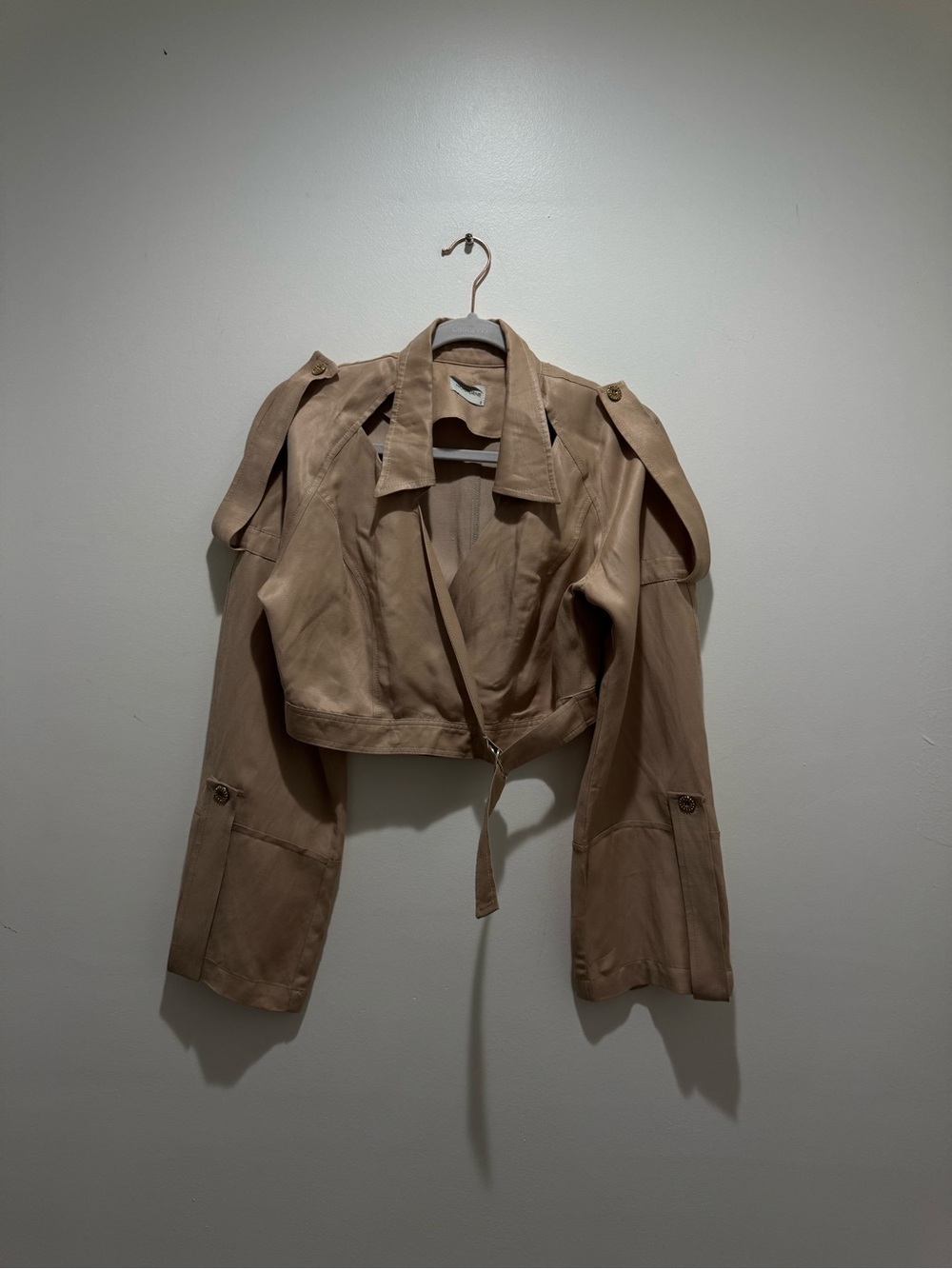 NOCTURNE Beige Cropped Wrap Jacket Linen Blend Open Shoulder Belted Size 2